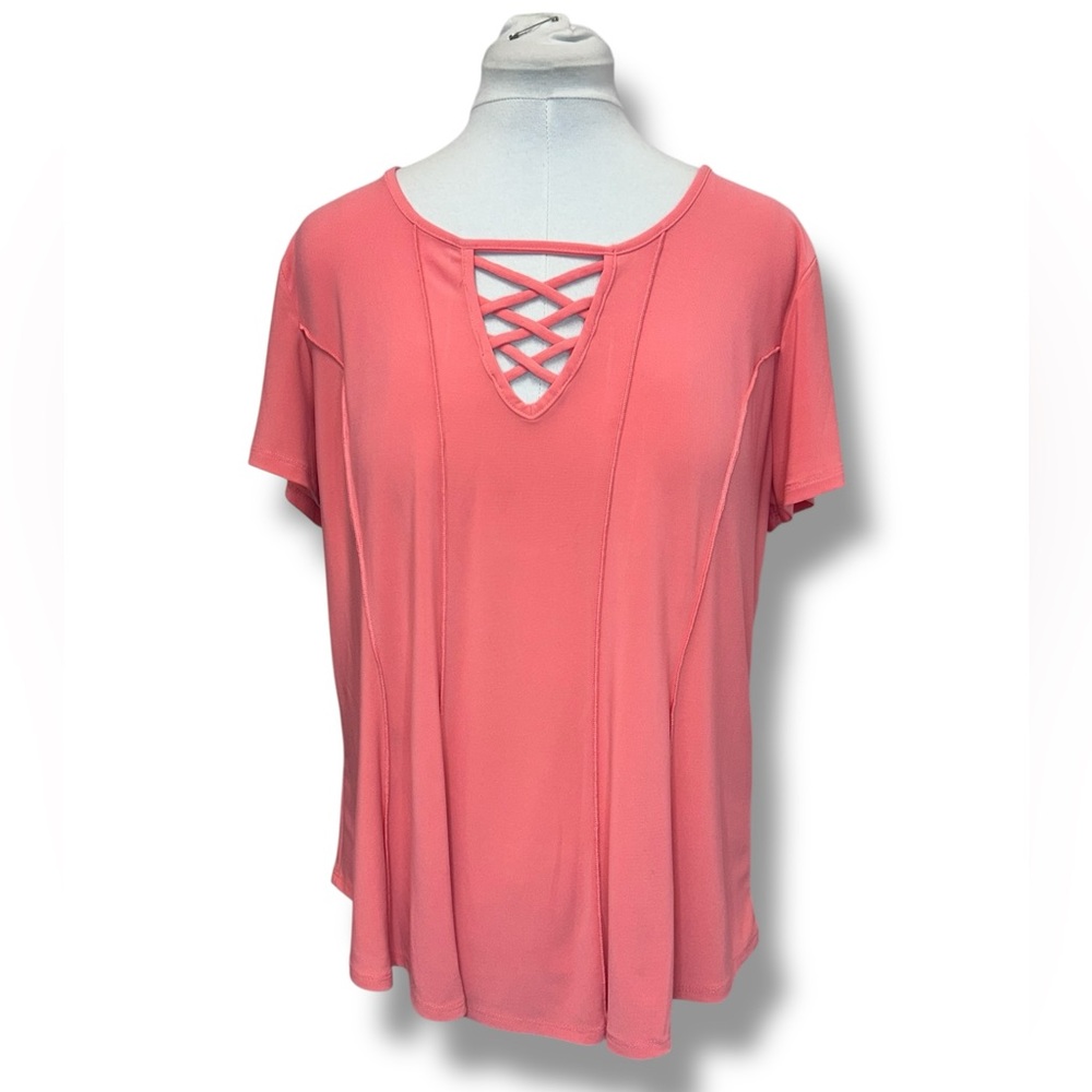 Juniper & Lime Women’s Blouse Criss-Cross Stretch Lightweight Casual Coral PXL